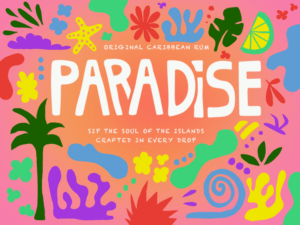 Grafisch vormgeving van paradise. Een bijzonder logo en unieke kleuren.